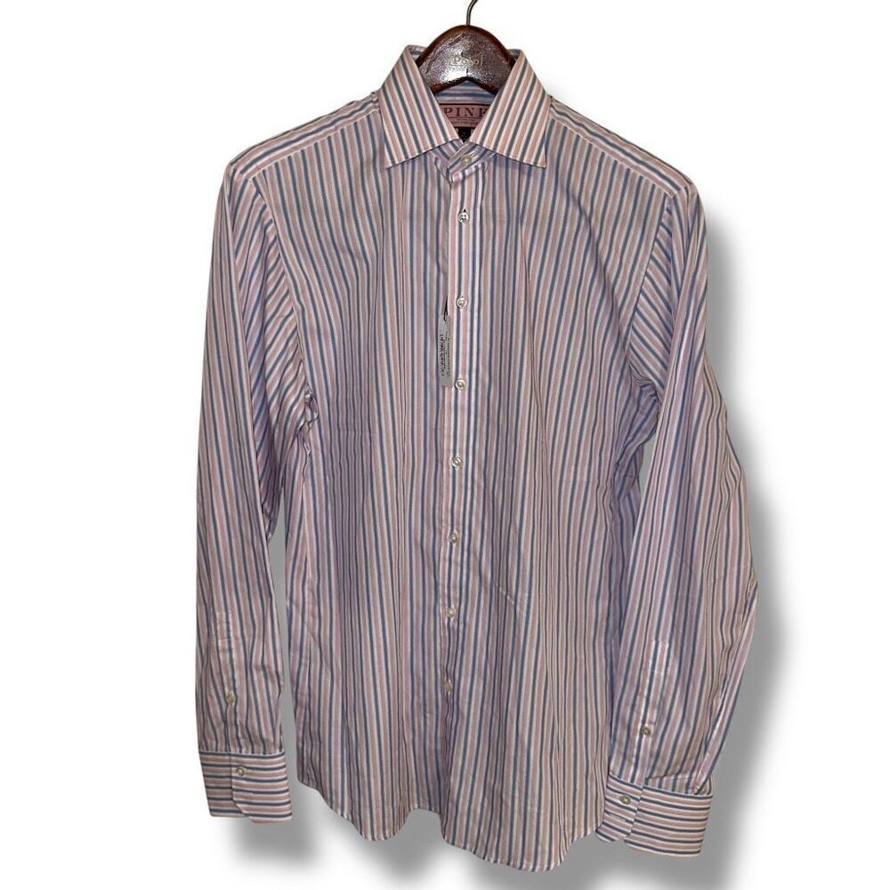 NWT Thomas Pink Blue Slim Fit BRISTOW STRIPE fran Dress Shirt Sz M 15 38